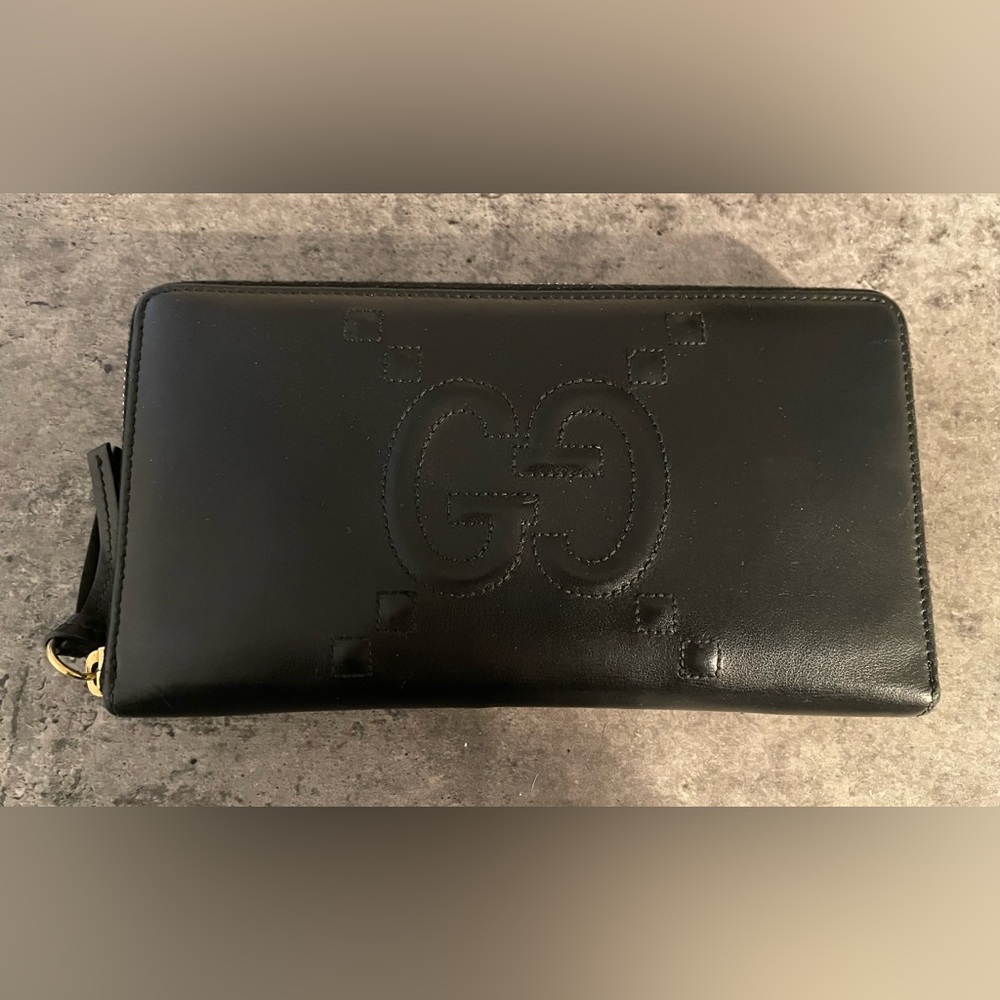 Gucci Black Embossed Interlocking GG Zip Wallet